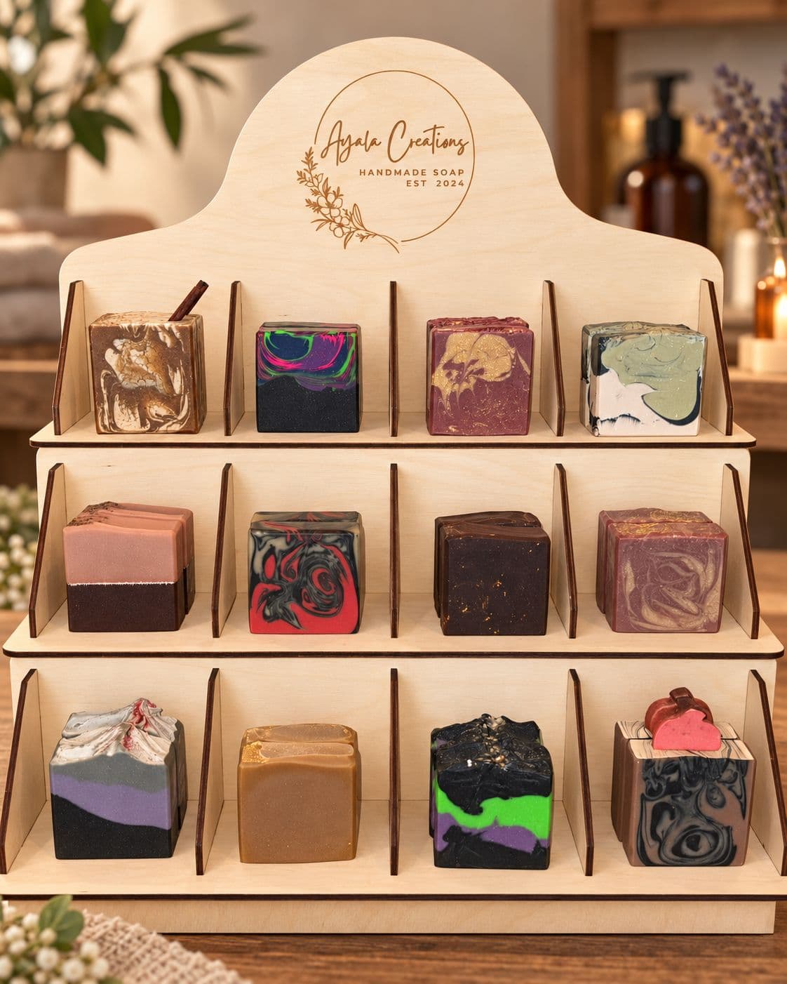 Ayala Creations handmade soaps on the arched wooden display